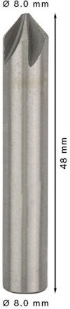 Metallborr med 8.0 mm diameter och 48 mm längd, spetsig ände.