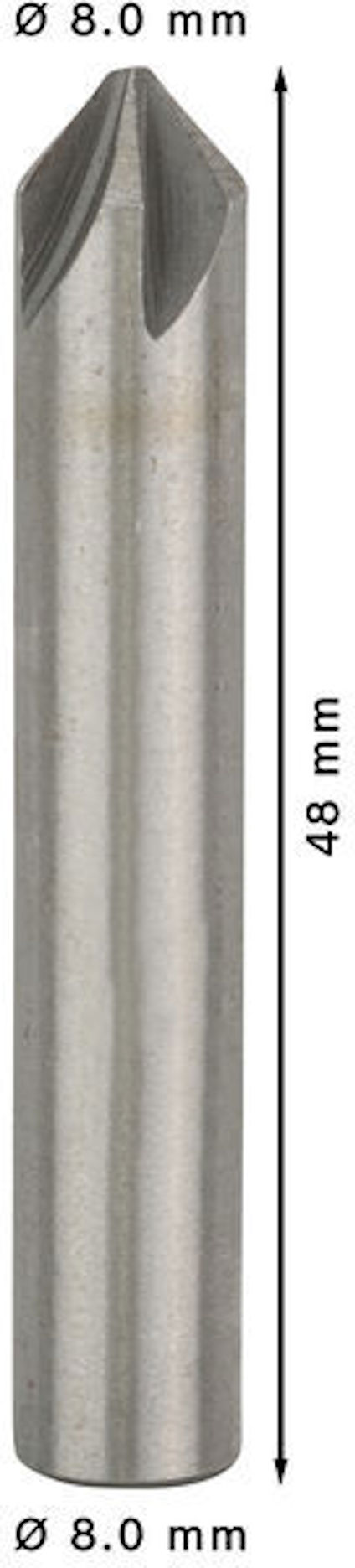 Metallborr med 8.0 mm diameter och 48 mm längd, spetsig ände.