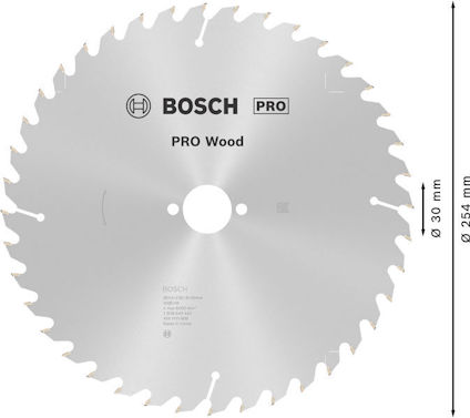 Cirkelsågklinga med Bosch-logo, texten "PRO Wood", diameter 254 mm, centrumhål 30 mm.