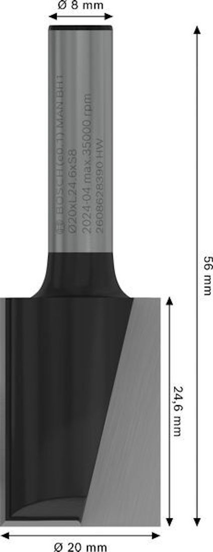 Stegfräs med måtten 56 mm längd, 8 mm skaftdiameter och 20 mm skärdiameter.