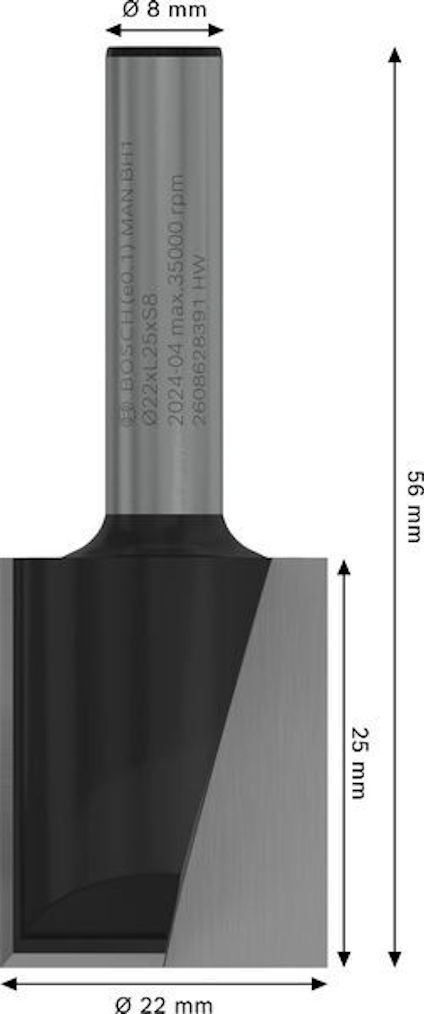 Metallborr med måtten 8 mm diameter, 56 mm längd, 22 mm spets.