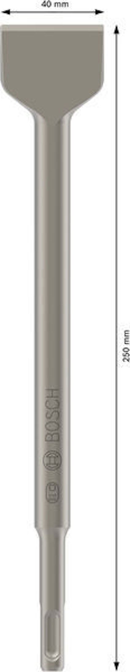 Mejsel av metall, längd 250 mm, bredd 40 mm, märkt med "Bosch" på verktygets yta.