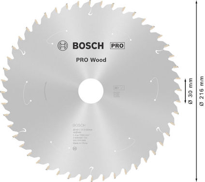 Rund sågklinga för trä, märkt "BOSCH PRO Wood", med dimensionerna Ø 216 mm, Ø 30 mm.