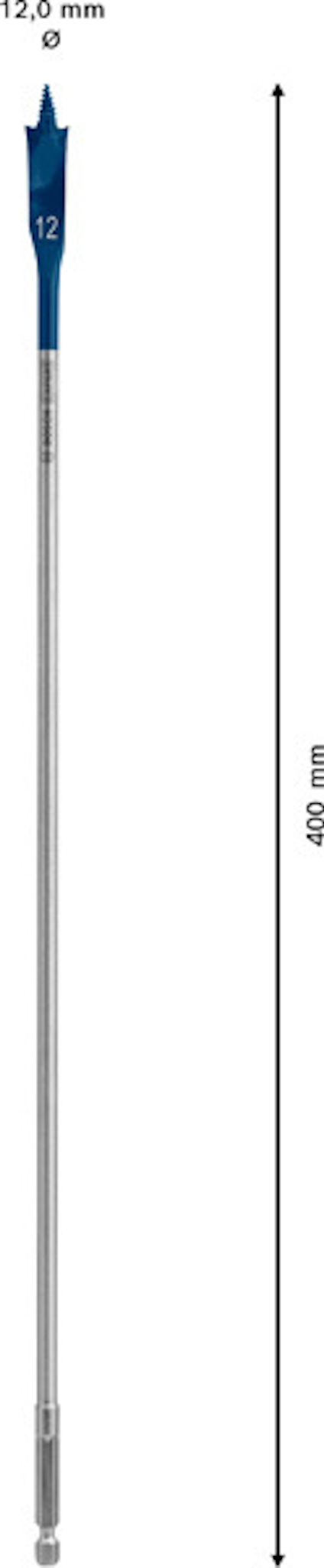 Borr med transparent handtag, 12 mm bredd, 400 mm längd, blå spets.