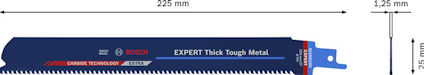 Sågblad från Bosch, längd 225 mm, bredd 25 mm, tjocklek 1,25 mm. Text: "EXPERT Thick Tough Metal".