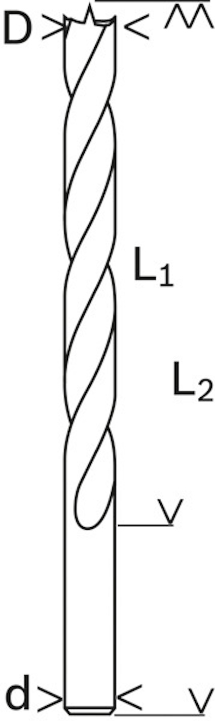 Illustration av ett borr med måtten D, L1, L2, d markerade samt spets, fläns och spiral noterade.