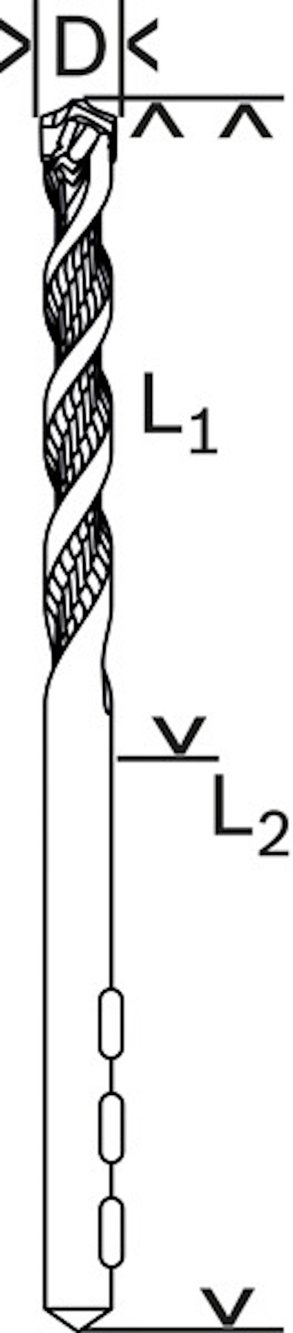 Illustration av en spiralborr med märkning av diameter (D), total längd (L1) och arbetande längd (L2).