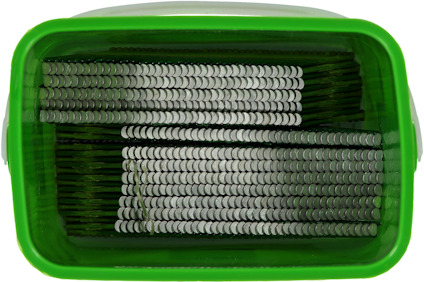 Gröna staplade kapsyler inuti en genomskinlig plastbehållare.