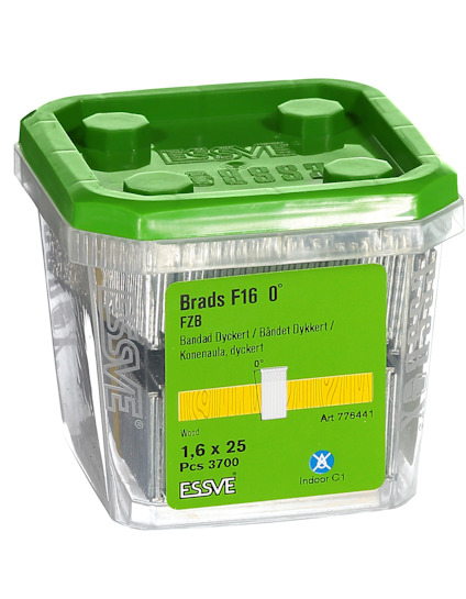 Transparent förpackning med Essve brads F16, 35 mm, och grön lock. Text: FZB, 2500 st, Art 776441.