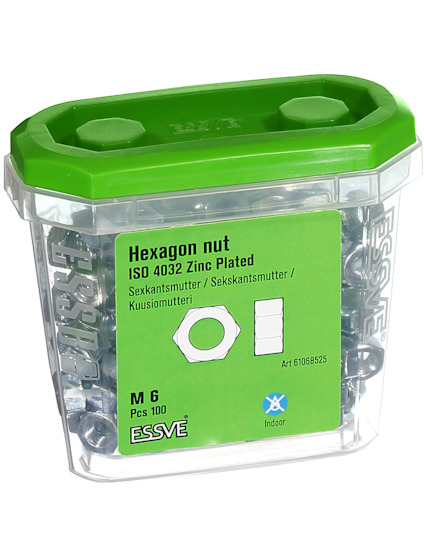 Förpackning med 100 sexkantmuttrar, ISO 4032, M6, zinkpläterade från märket ESSVE.