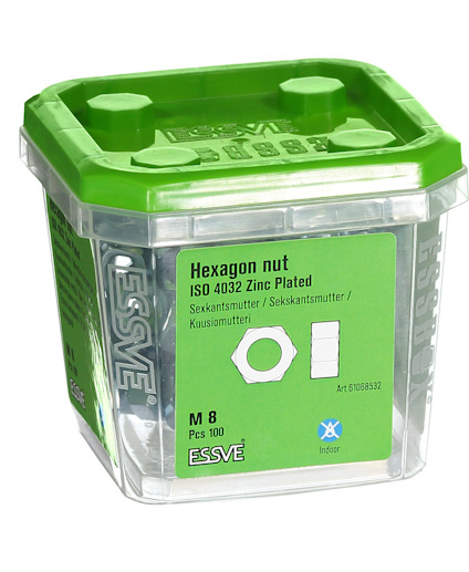 Förpackning med ESSVE M8 hexagonmuttrar, ISO 4032, zinkbelagda, 100 st.