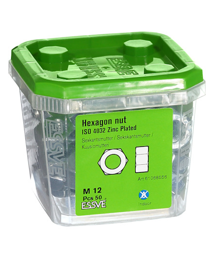 Förpackning med sexkantiga muttrar, "Hexagon nut M 12", ISO 4032, zinkbelagda, 50 st, grön topp, ESSVE varumärke.