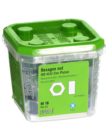 Grön och transparent förpackning med etikett: "Hexagon nut ISO 4032 Zinc Plated, M 16, 25 st."