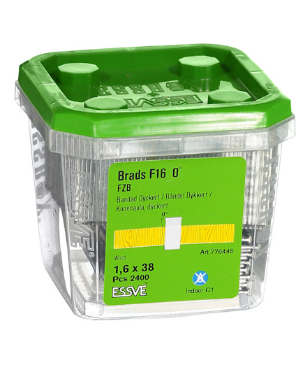 Grön plastförpackning för Essve brads F16 0°, innehåller 2400 st, 1,6x38 mm. Art 776445, för trä, FZB-förzinkad.