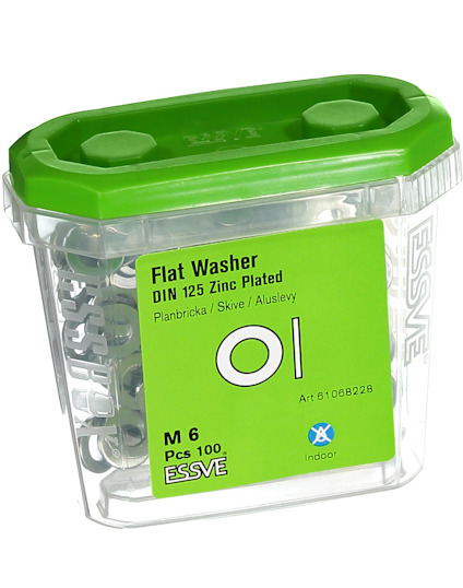 Plastburk med plana brickor, zinkpläterade, M6 storlek, 100 stycken. Grön etikett med ESSVE och artikelnummer 61068228.