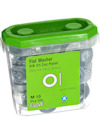 Grön plastförpackning med plana brickor M10, 100 st, zinkpläterade. Märkt "Flat Washer DIN 125 Zinc Plated".