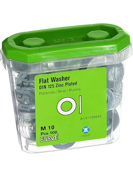 Grön plastförpackning med plana brickor M10, 100 st, zinkpläterade. Märkt "Flat Washer DIN 125 Zinc Plated".