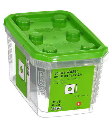Grön plastlåda med fyrkantbrickor, text: "Square Washer DIN 436 Hot Dipped Galv. M 16 Pcs 25".