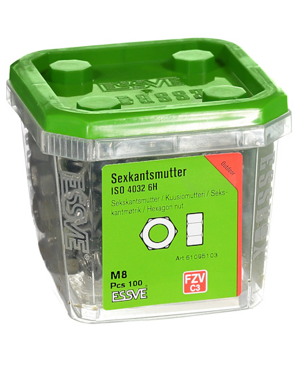 Sexkantsmutter, ISO 4032 6H, storlek M8, antal 100 st. Förpackning i genomskinlig låda med grön topp.