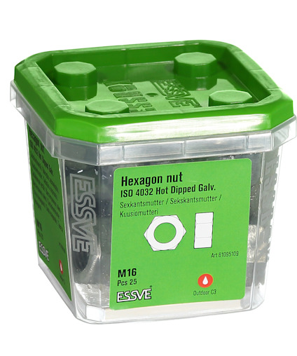 Förpackning med hexagonmutter M16, 25 st, ISO 4032, varmförzinkad. Art nr 61095109. ESSVE.