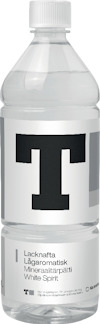 Plastflaska med etikett: Lacknafta, Lågaromatisk, Mineralitärpätti, White Spirit.