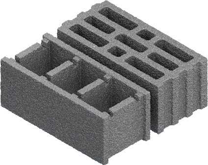 Två grå ihåliga betongblock, varav ett ligger ner och ett står upp.