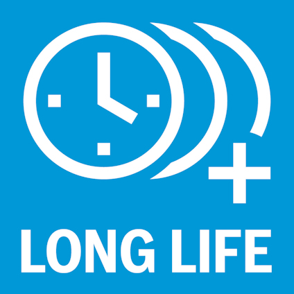 Vit klocka med runda visare och "+"-symbol. Text "LONG LIFE" på blå bakgrund.