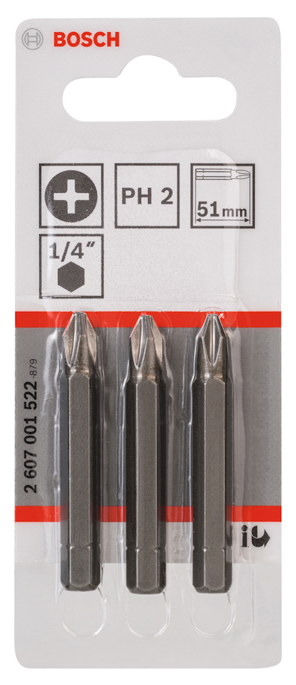 Tre PH2 skruvbits av märket Bosch, 51 mm långa, på en förpackning med text och logotyp upptill.