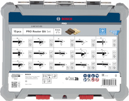 Förpackning för 15-delars PRO fräsbitsats från Bosch, med diagram och specifikationer för varje bit.