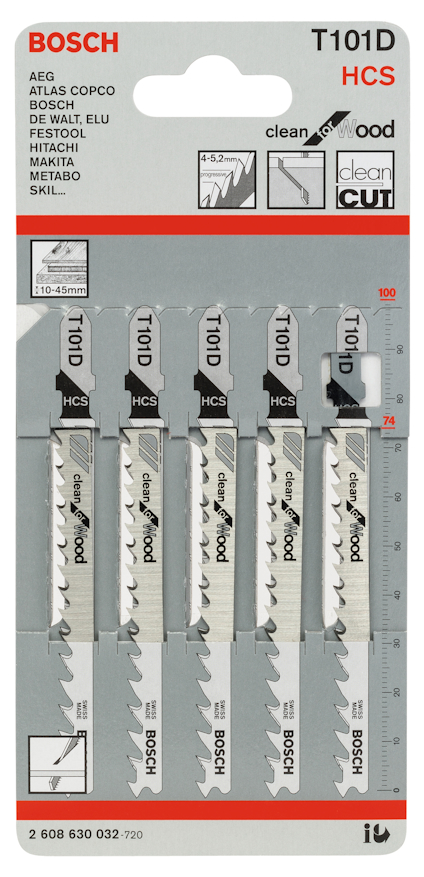 Förpackning med fem Bosch T101D sticksågsblad för träbearbetning, märkta med "clean for wood" och en specificerad storlek.