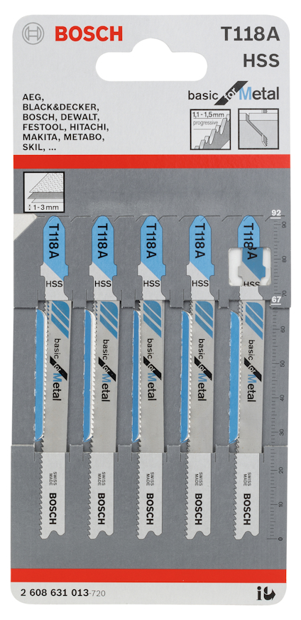 Fem Bosch T118A metallsticksågsblad i förpackning, märkta med kompatibla verktygsmärken.
