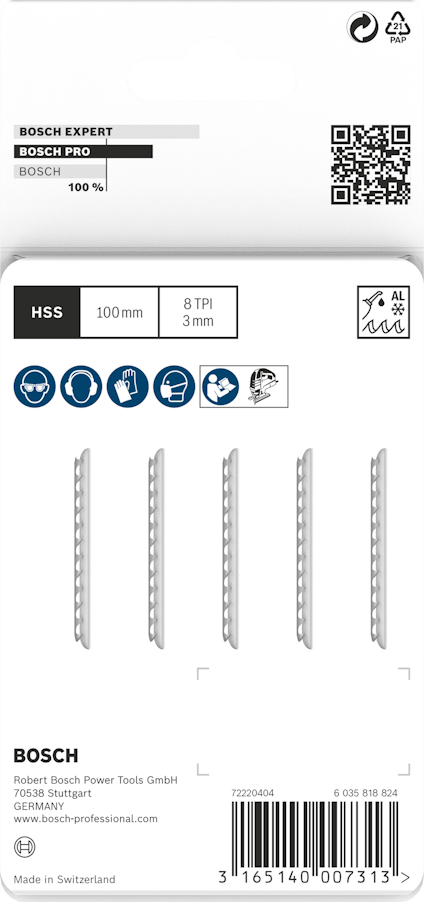 Förpackning med fem sticksågblad från Bosch, 100mm långa, HSS-material, 8 TPI, 3mm.