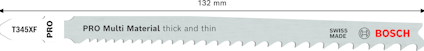 Tigersågblad med text "T345XF PRO Multi Material thick and thin" och Bosch-logga. Längd: 132 mm.