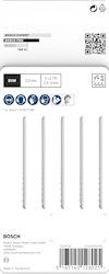 Förpackning med fem Bosch Expert sticksågblad, 132 mm, 5-11 TPI, märkning BIM och QR-kod.
