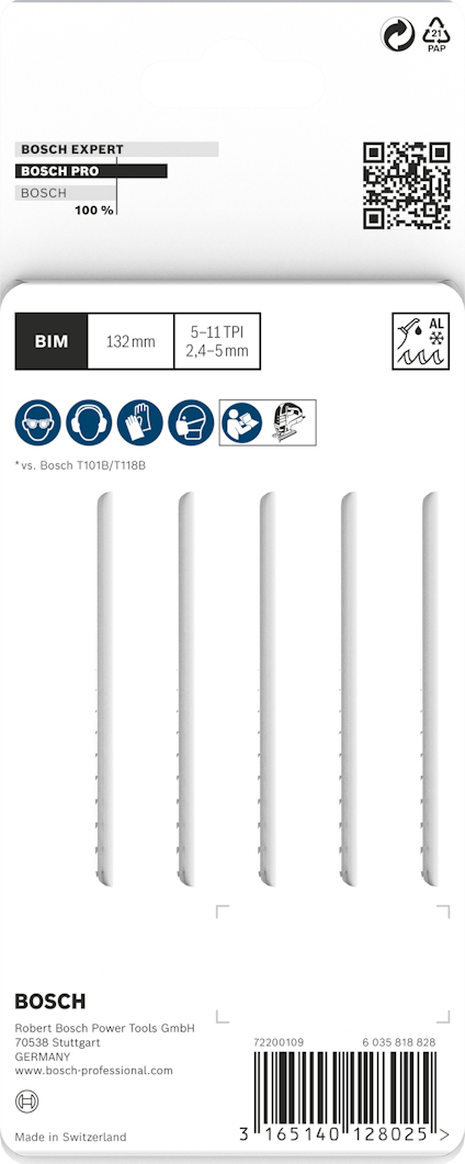 Förpackning med fem Bosch Expert sticksågblad, 132 mm, 5-11 TPI, märkning BIM och QR-kod.
