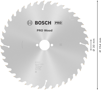 Cirkelsågklinga med text "Bosch PRO Wood", diameter 254 mm, centrumhål 30 mm.