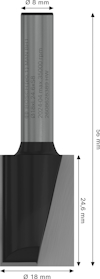 Cirkelskärare med måtten 56 mm längd, 24,6 mm höjd på bladet, 8 mm skaftdiameter och 18 mm skärdiameter.