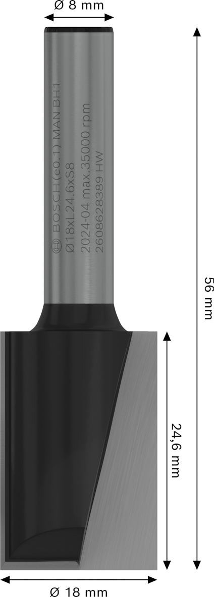 Cirkelskärare med måtten 56 mm längd, 24,6 mm höjd på bladet, 8 mm skaftdiameter och 18 mm skärdiameter.