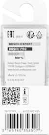 Förpackning för Bosch verktyg, text inkluderar Bosch Expert, Bosch Pro och en QR-kod. Tillverkad i Kina.