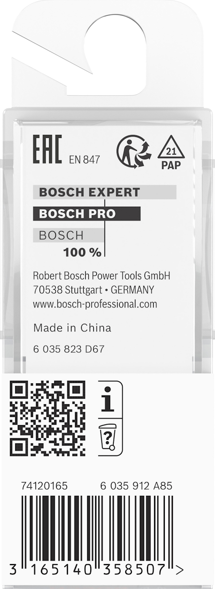 Förpackning för Bosch verktyg, text inkluderar Bosch Expert, Bosch Pro och en QR-kod. Tillverkad i Kina.
