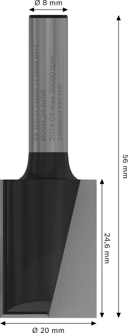 Skärande verktyg, total längd 56 mm, skaft ø 8 mm, blad ø 20 mm.