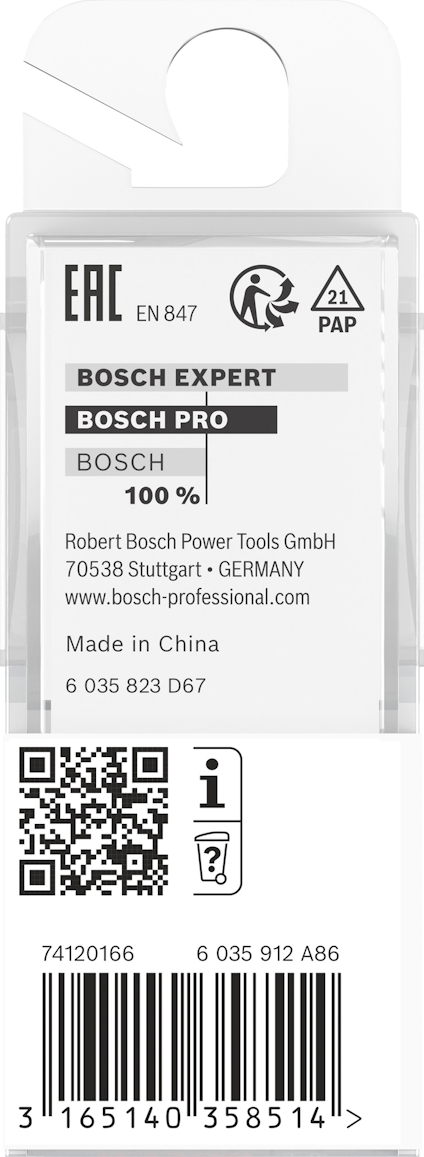 Förpackning med EAC-märkning och Bosch-logotyper, innehållande kontaktinformation och streckkod.