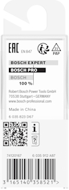 Förpackning med Bosch Expert-etikett, EAC-symbol, QR-kod och streckkod. Text: "Made in China."