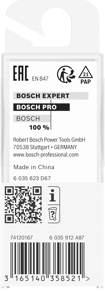 Förpackning med Bosch Expert-etikett, EAC-symbol, QR-kod och streckkod. Text: "Made in China."