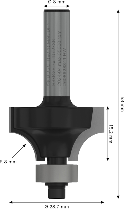 Frässtål med specifikationer: skaftdiameter 8 mm, total längd 53 mm, radie 8 mm, skärdiameter 28,7 mm.