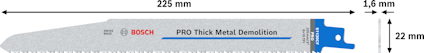 Bandsågblad för metall, 225 mm långt, 22 mm brett, 1,6 mm tjockt. Text: "Bosch PRO Thick Metal Demolition".