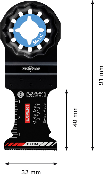 Multiverktygsblad Bosch, längd 91 mm, bredd 32 mm, modell MetalMax AIZ 32 AT.