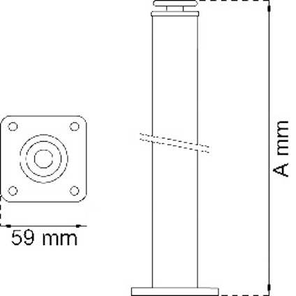 Ritning av en cylindrisk stolpe med bas. Mått: 59 mm fyrkantig bas, höjd A mm.