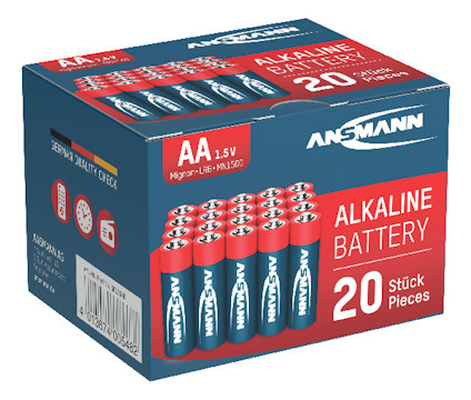 Förpackning med 20 alkaliska AA-batterier från Ansmann, 1.5V, blå och röda, med streckkod och produktinformation.