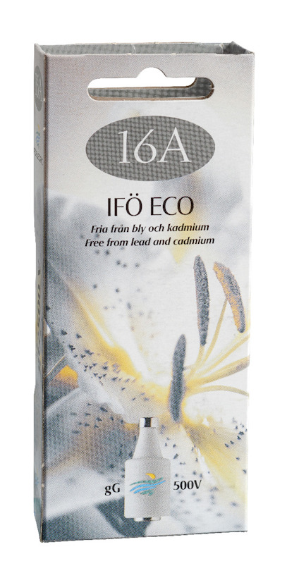 Förpackning för IFÖ ECO säkring 16A, 500V, fri från bly och kadmium.